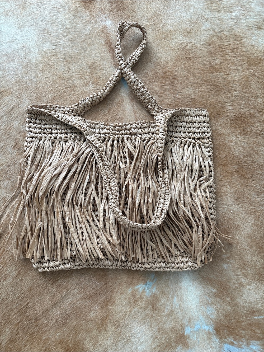 Handwoven Fringe Straw Tote Bag - Natural